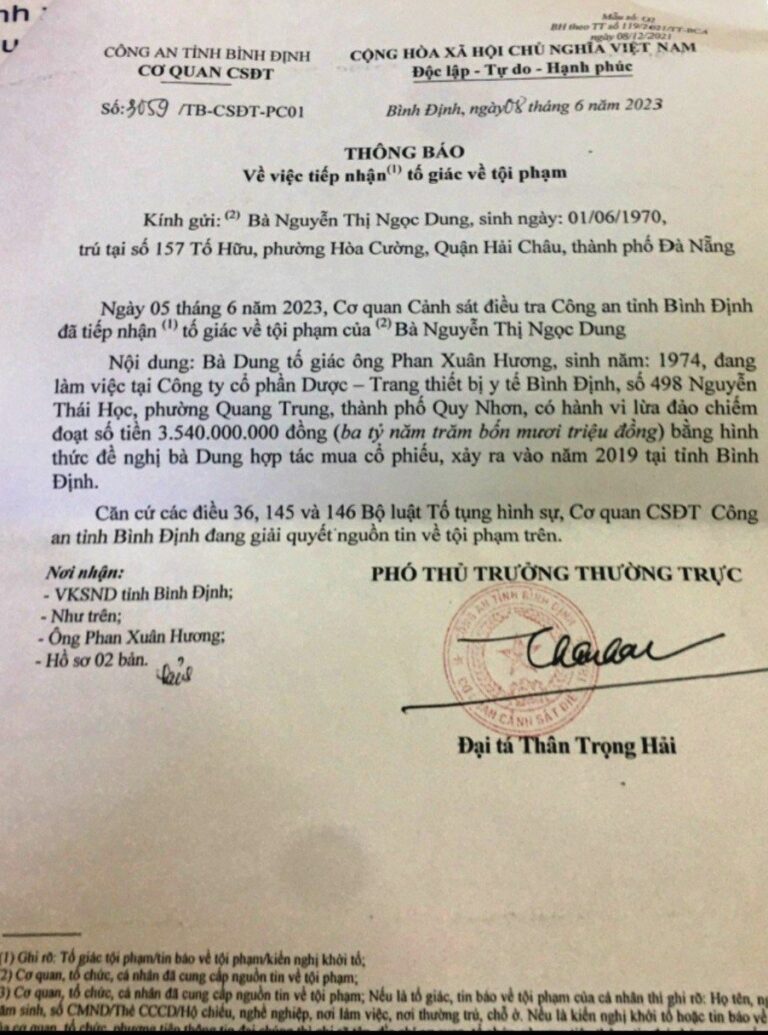 Thông báo số 3059/TB-CSĐT-PC01 của cơ quan Cảnh sát Điều tra Công an tỉnh Bình Định về việc tiếp nhận đơn tố giác tội phạm của bà Nguyễn Thị Ngọc Dung